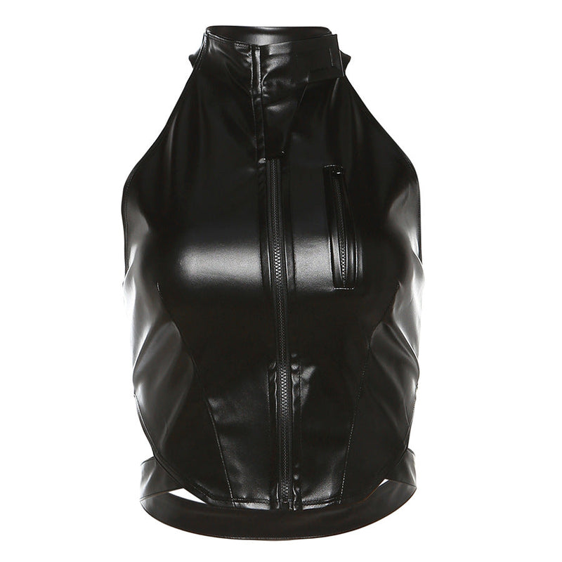 Autumn Winter ’s Halter Backless Slim Fit Faux Leather Vest With Zipper