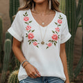Women's Retro Pink Plant And Floral Embroidered Print T-shirt elevenforest