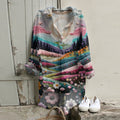 Casual Dreamy Pink Village Art Printed Long Sleeve Tunic elevenforest