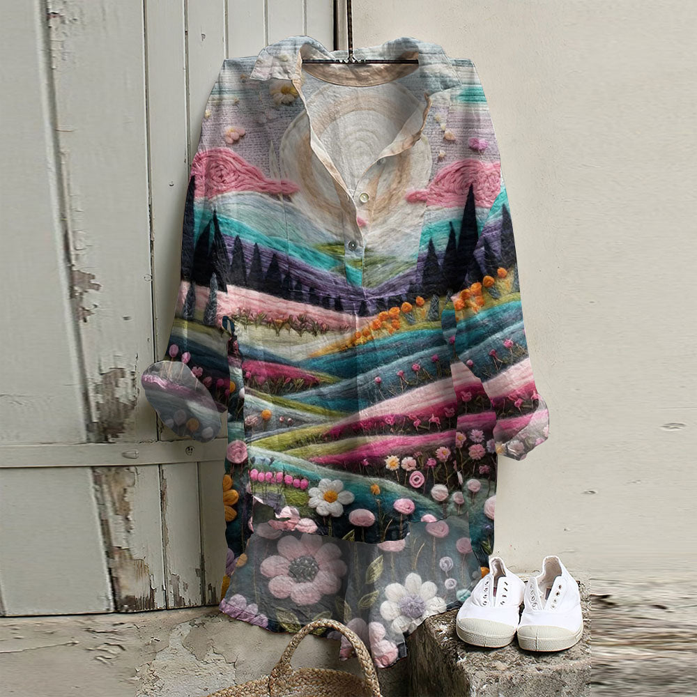 Casual Dreamy Pink Village Art Printed Long Sleeve Tunic elevenforest