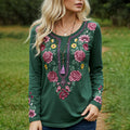 Women's Casual Green And Purple Floral Embroidered Linen Long Sleeve Shirt elevenforest