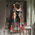 Vintage Cat Floral Patchwork Art Linen Blend Tank Dress elevenforest