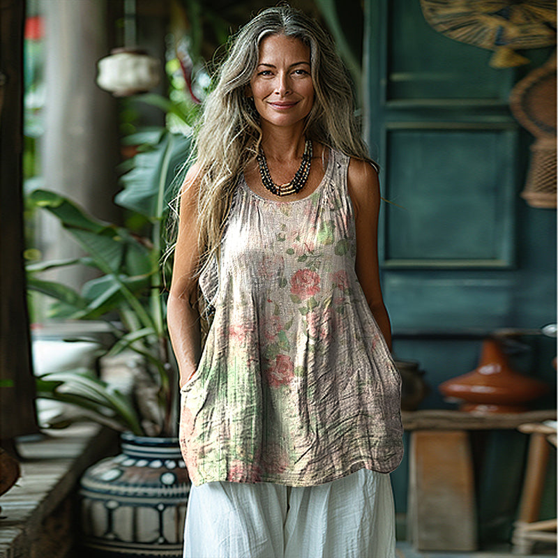 Women's Vintage Floral Patch Cotton And Linen Sleeveless Tank Top elevenforest