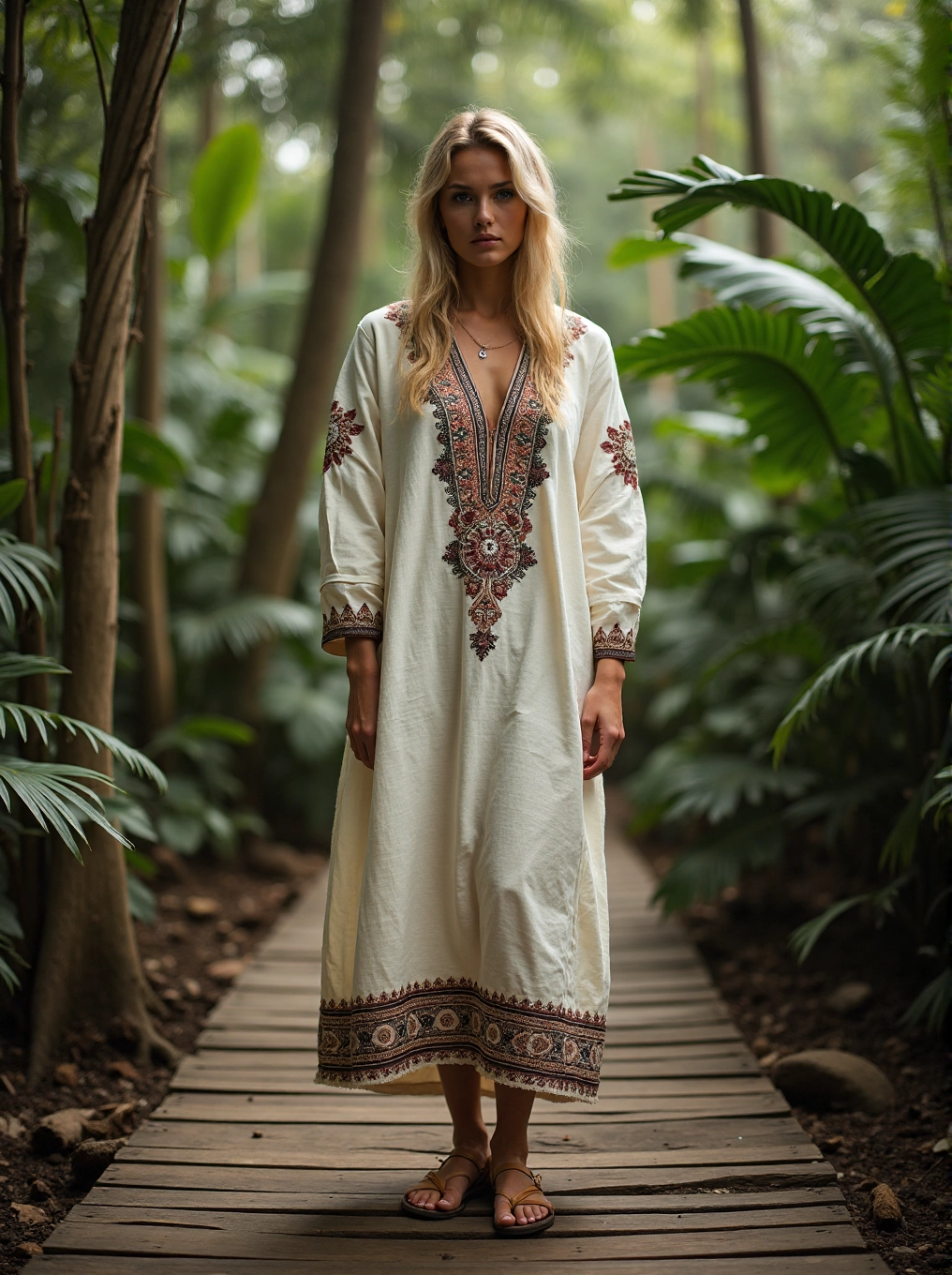 Vintage Bohemian Tribal Art Embroidery Print Cotton And Linen V Neck Linen Blend Dress elevenforest