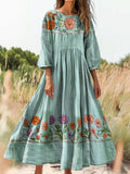 Women's Vintage Floral Collage Art Print Flowy Cotton Crew Neck Dress