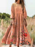 Women's Retro Ethnic Flowers Print Flowy Cotton Crew Neck Dress