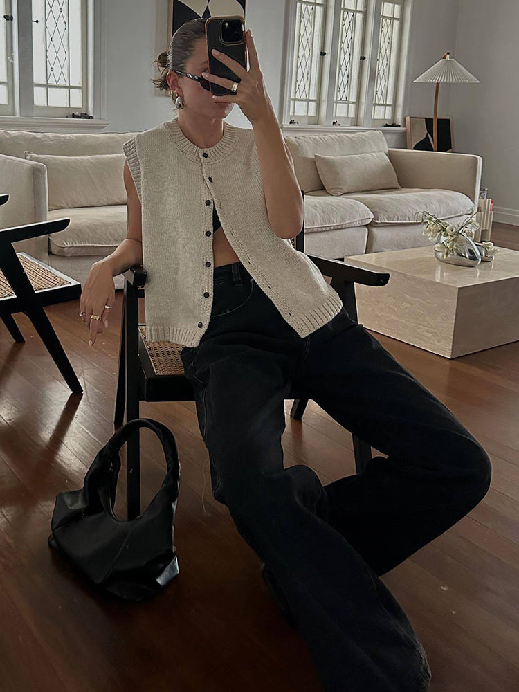 Tossy Knitted Vests Top for Single-breasted Knitwear Cardigan Tank Sweater Female Sleeveless