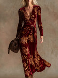 Elegant vintage print V-neck velvet maxi dress