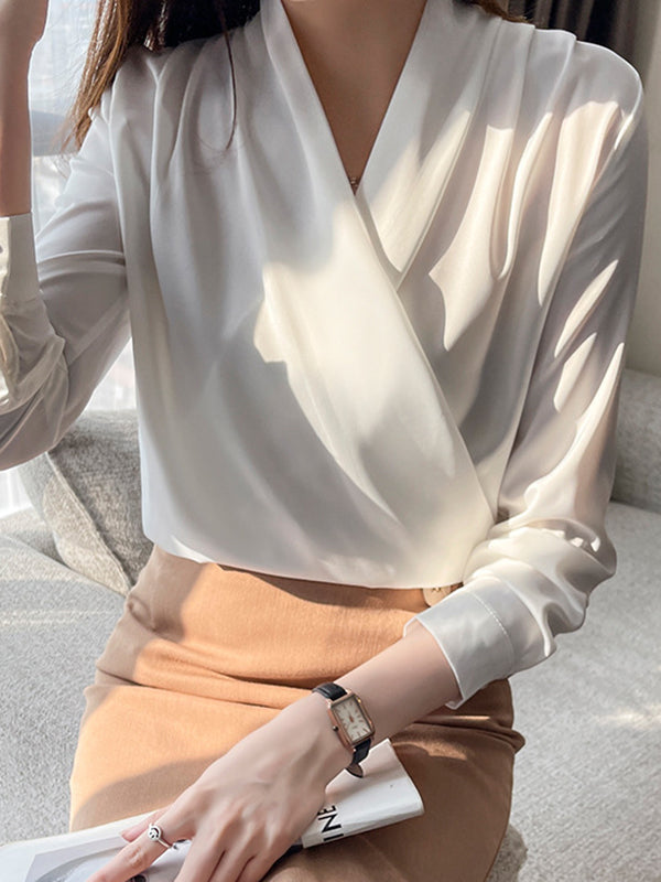 Long Sleeves Loose Buttoned Color V-neck Blouses&shirts Tops