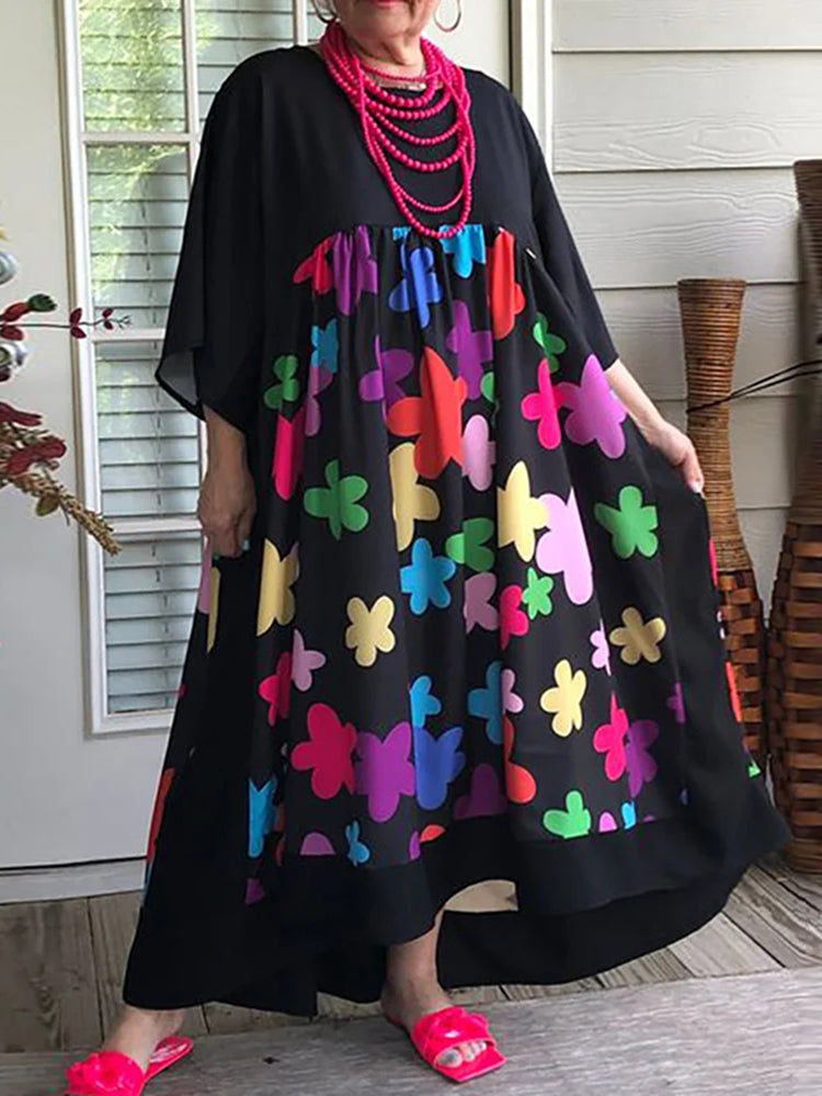 Casual Loose Stitching Color Contrast Flower Print Cotton Linen Maxi Dress elevenforest