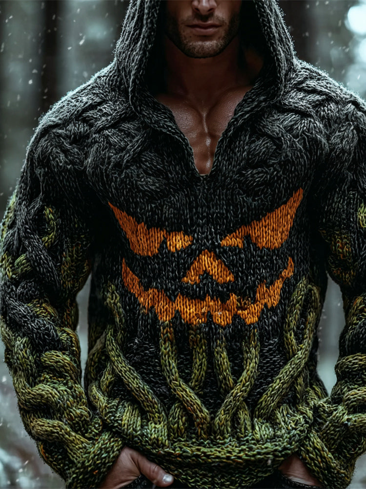 Viking Halloween Evil Emoji Vintage Men's Chunky Knit Twist Hooded Sweater elevenforest
