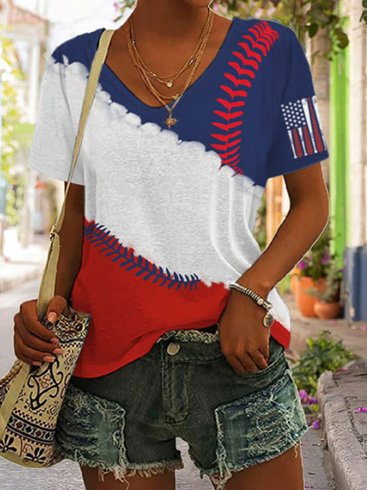 Comstylish Women's Baseball Falg Printed Short-sleeved T-shirt