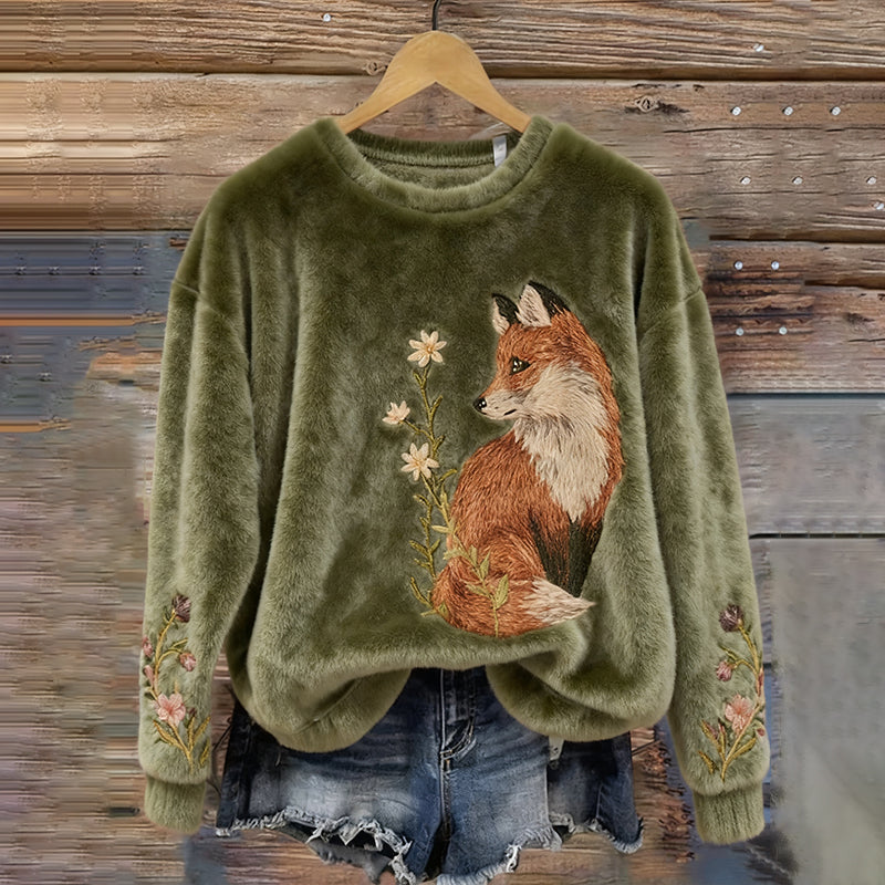 Fox And Floral Pattern Warm Plush Pullover Sweater artswardrobe