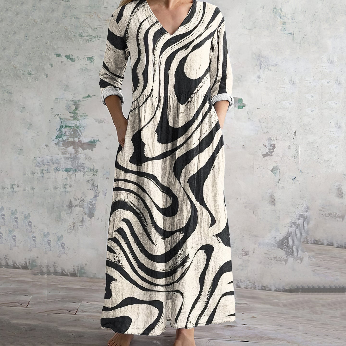 Comstylish Women's Vintage Stripe Pattern Cozy Linen Dress