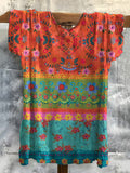 Comstylish Women's Hippie Retro Ethnic Floral Print V-neck T-shirt