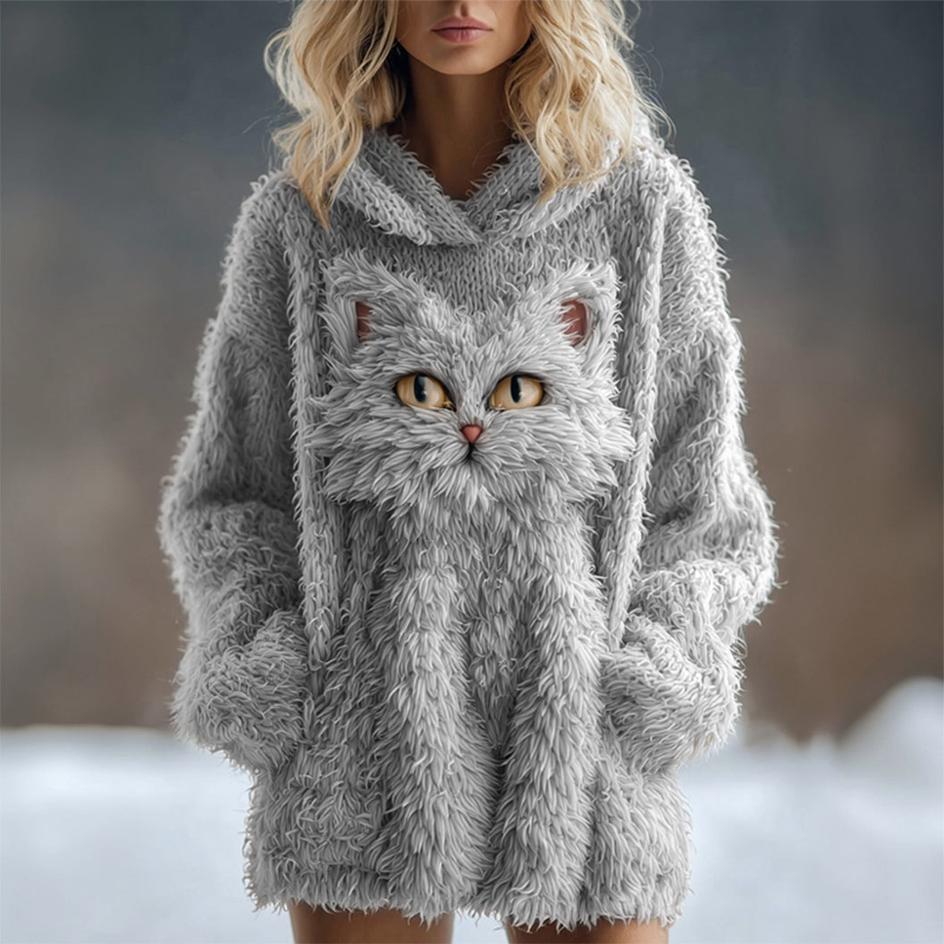 Comstylish Cute Fuzzy Cat Embroidered Soft Hooded Sweater