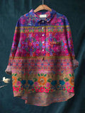 Women's Vintage Flower Art Print Casual Cotton And Linen Shirt