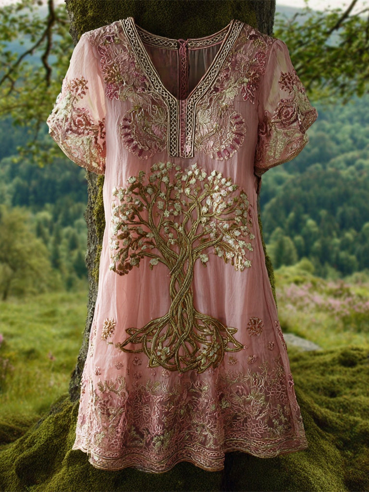 Viking Sparkling Tree Of Life Women's V-neck Mini Dress elevenforest