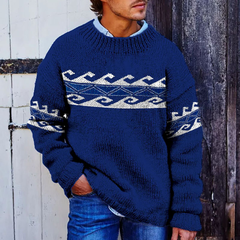 Vintage Beige Surf Jacquard Crew Neck Sweater elevenforest