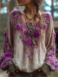 Bohemian Style Round Neck Long Sleeve 3d Purple Flower Design Cotton And Linen Top For Women elevenforest