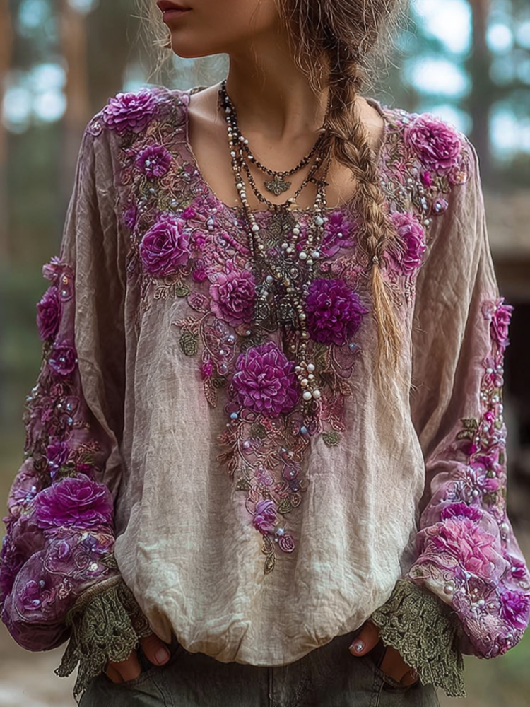 Bohemian Style Round Neck Long Sleeve 3d Purple Flower Design Cotton And Linen Top For Women elevenforest