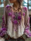 Bohemian Style Round Neck Long Sleeve 3d Purple Flower Design Cotton And Linen Top For Women elevenforest