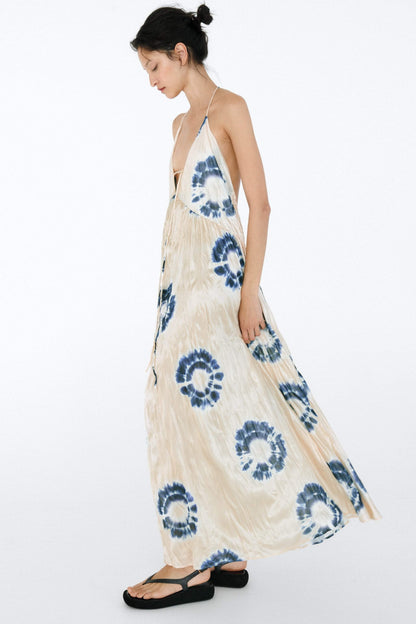 Printed Pleated V-neck Halter Neck Cami Maxi Dress
