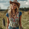 Women's Retro American Western Country Style Floral Embroidered Linen Blend V-neck T-shirt elevenforest