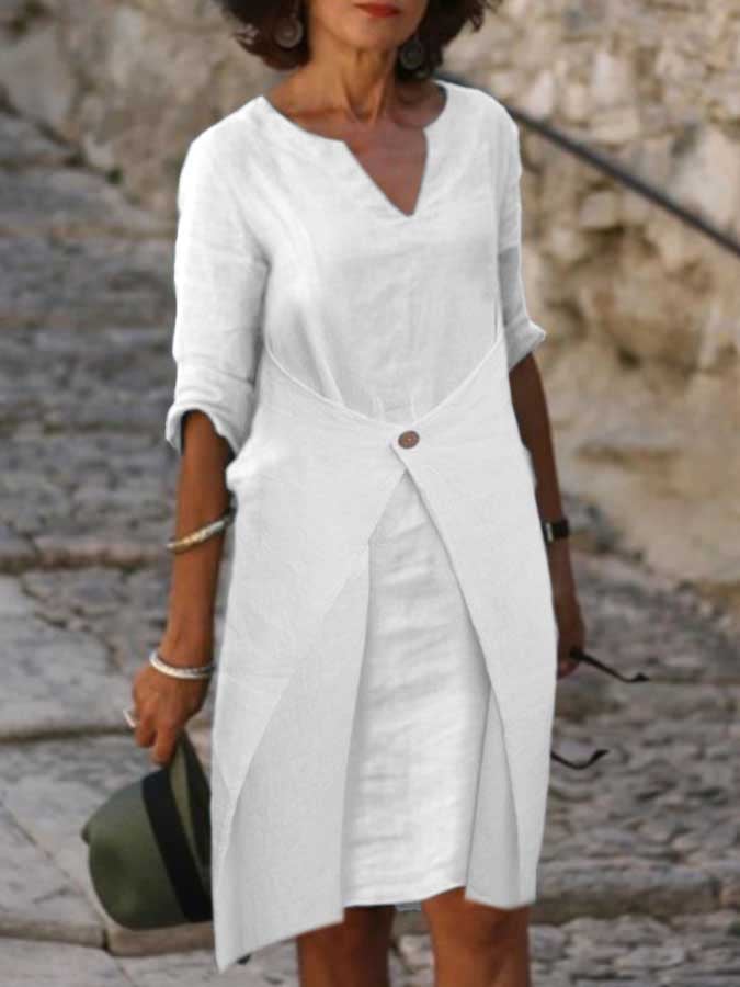 Three-Quarter Sleeves V-Neck Waist Casual Dress