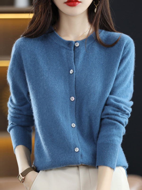 Long Sleeves Buttoned Elasticity Round-neck Cardigan Tops Knitwear