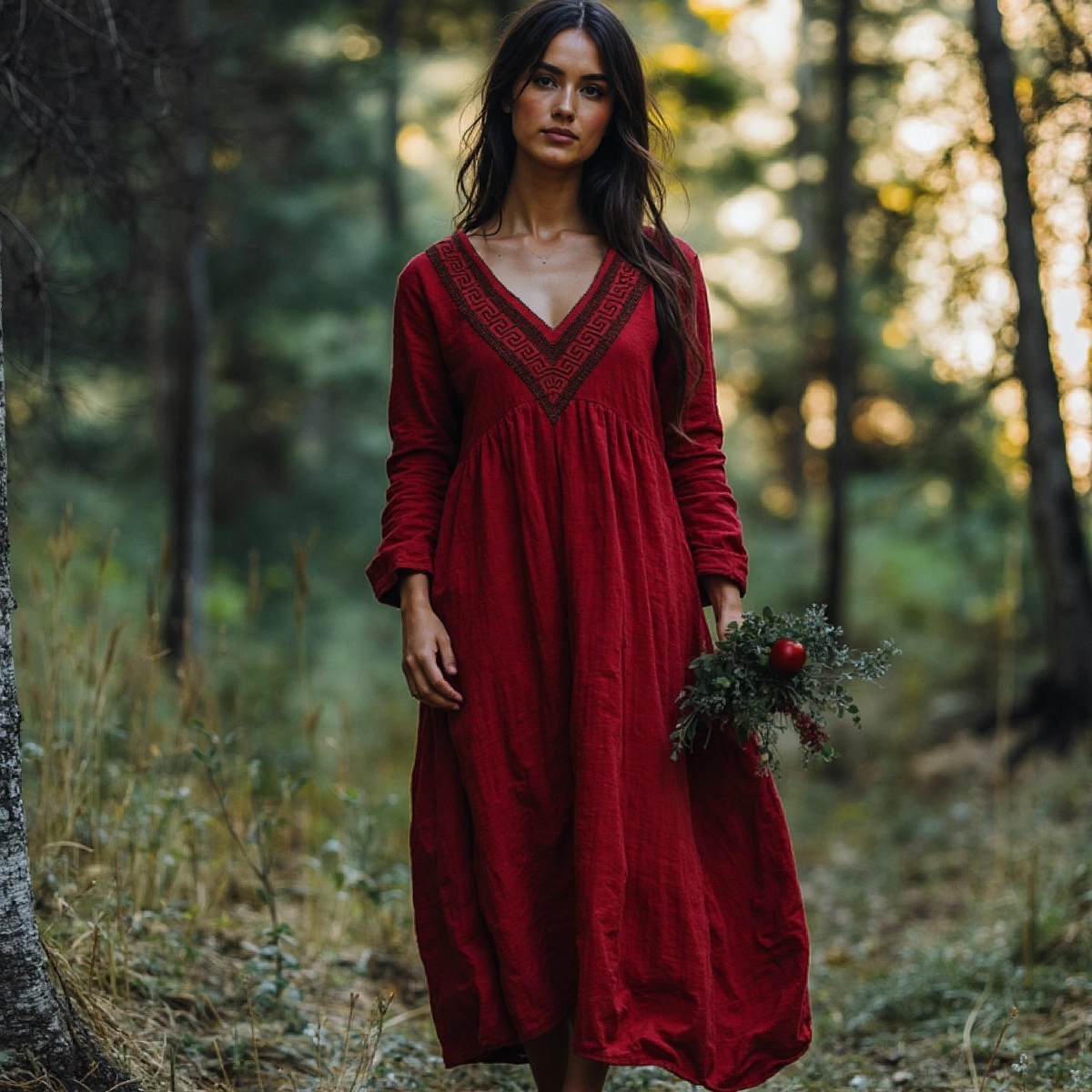 Retro Greek Key V-neck Cotton Linen Dress elevenforest