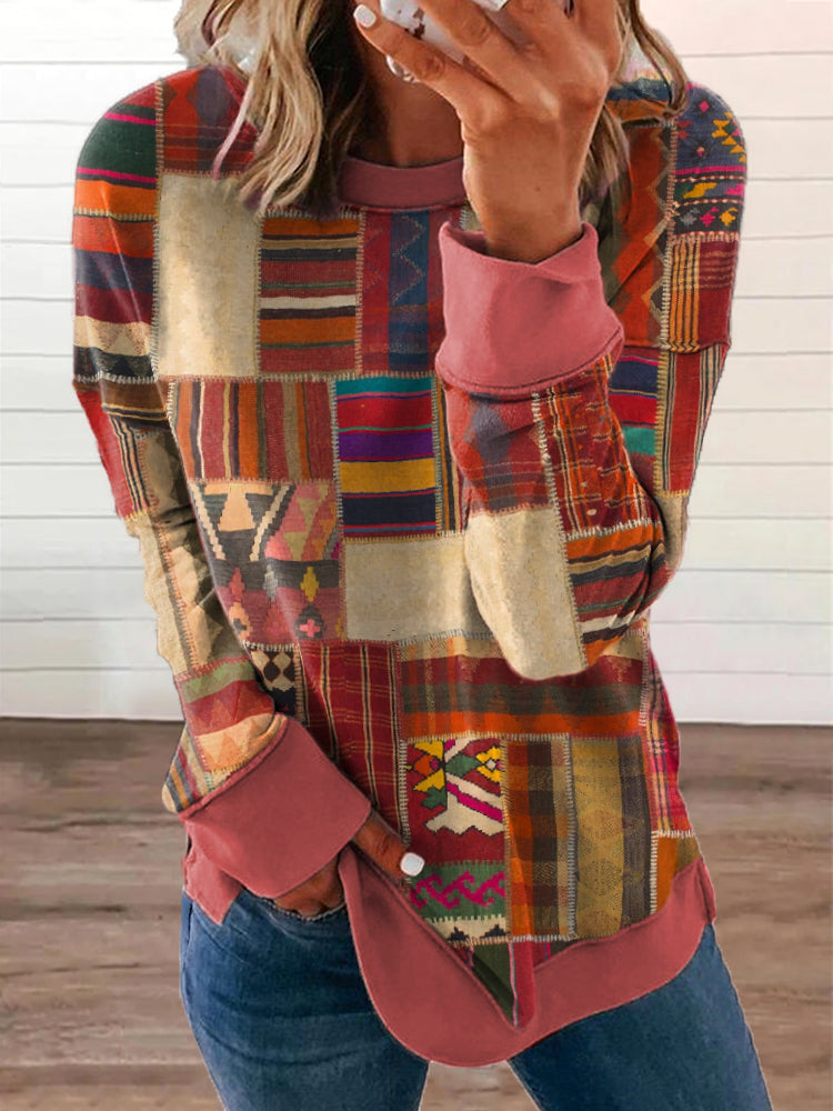 Women's Western Geometric Pattern Patchwork Art Sweatshirt elevenforest