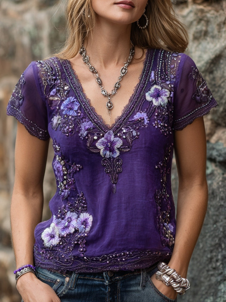 Vintage Purple Flowers Glitter Embroidered V Neck Linen Shirt elevenforest