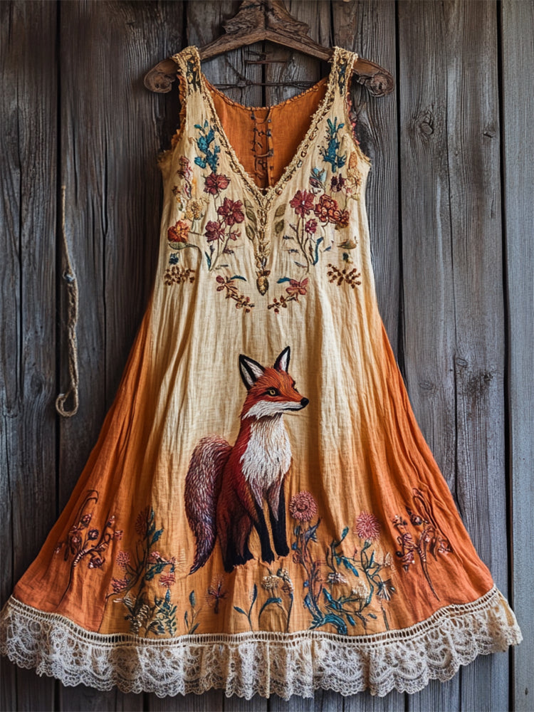 Vintage Fox Floral Embroidered Lace Hem Gradient Linen Dress elevenforest
