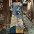 Comstylish Japanese Art Retro Patchwork Design Casual Dress