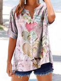 Women's Heart Shaped Collage Art Print Casual Cotton and Linen Shirt