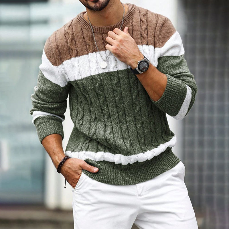 Men'S Retro Patchwork Jacquard Knitting Crew Neck Sweater elevenforest