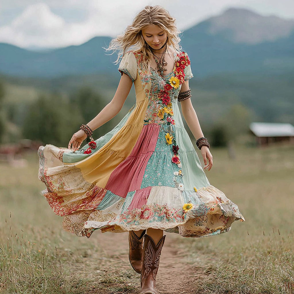 Women's Vintage Bohemian Floral Patchwork Round Neck Long Dress elevenforest