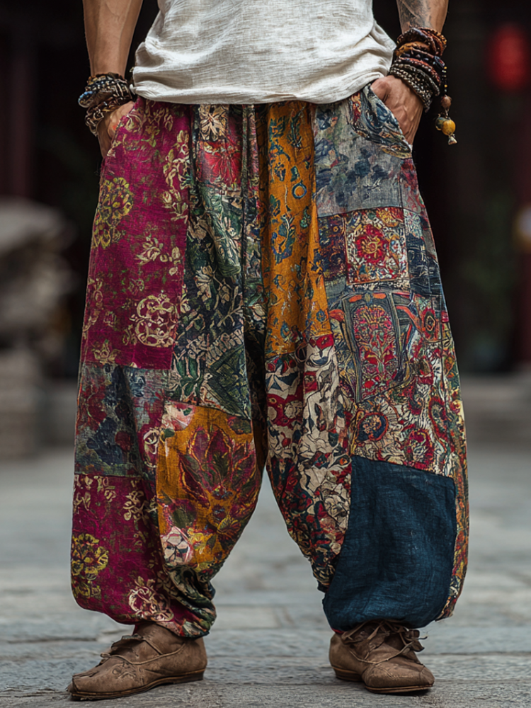 Western Bohemian Style Plant And Flower Pattern Retro Cotton And Linen Loose Wide-leg Pants elevenforest