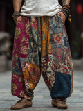 Western Bohemian Style Plant And Flower Pattern Retro Cotton And Linen Loose Wide-leg Pants elevenforest