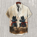 Men's Retro Black Cat Warriors Duel Art Casual Short Sleeve Shirts elevenforest