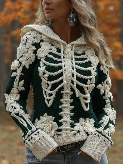 Women's Halloween Skeleton Bones With Roses Art Knitted Warm Hooded Sweater artswardrobe