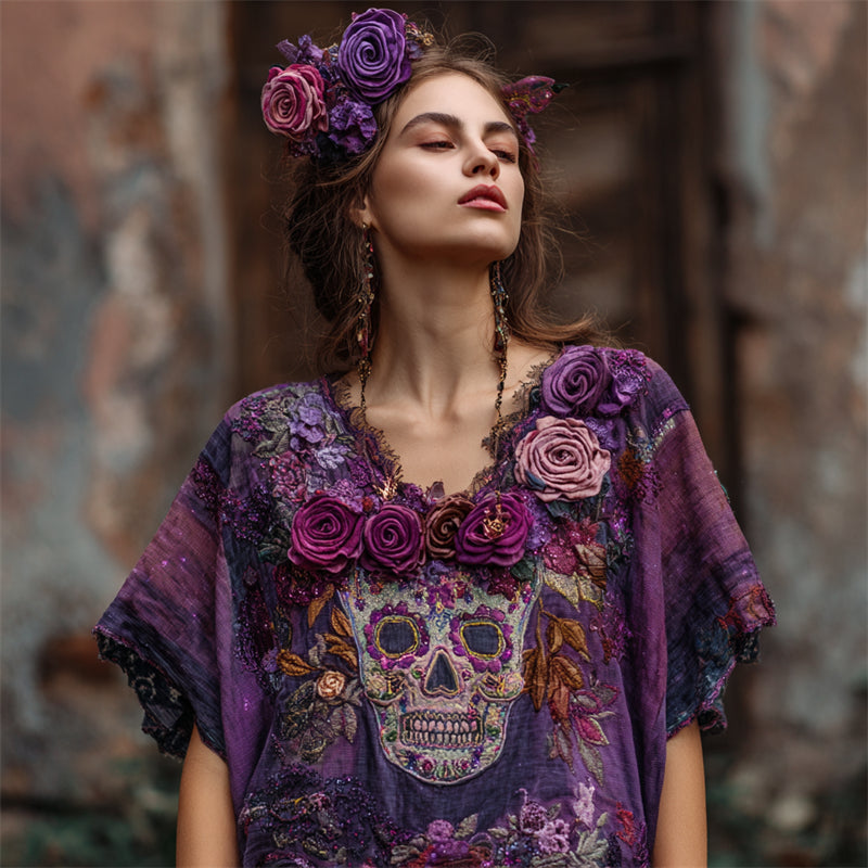 Day Of The Dead Purple Roses Sugar Skull Embroidered Fiber Art Linen Shirt elevenforest