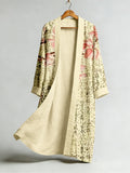 Comstylish Vintage Floral Calligraphy Art Flowy Linen Long Kimono
