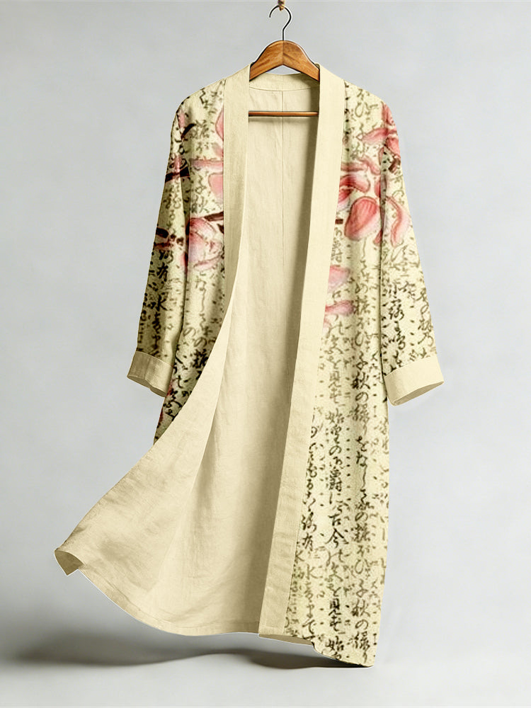Comstylish Vintage Floral Calligraphy Art Flowy Linen Long Kimono