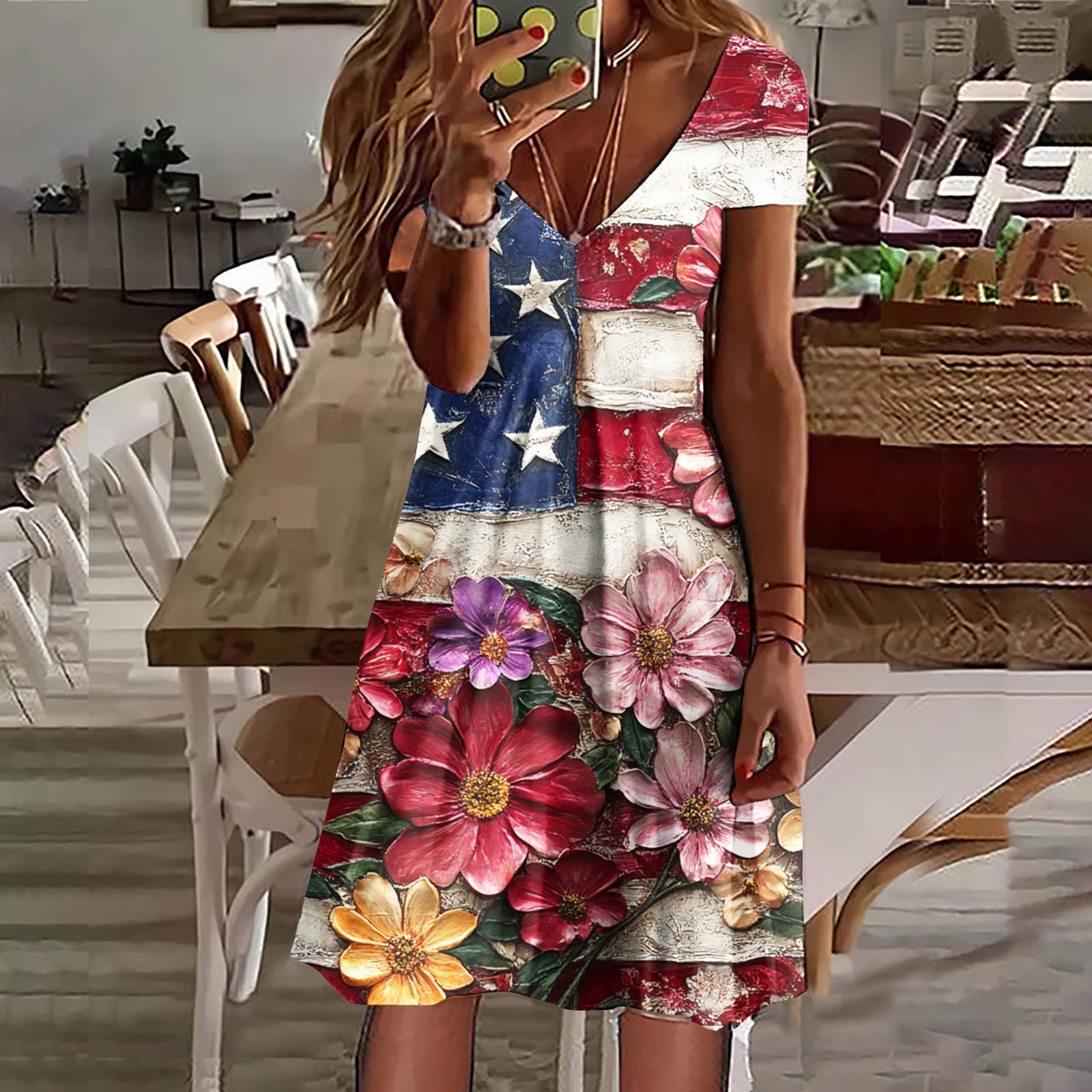 Comstylish Women's Independence Day Floral Print Short Sleeve Dress