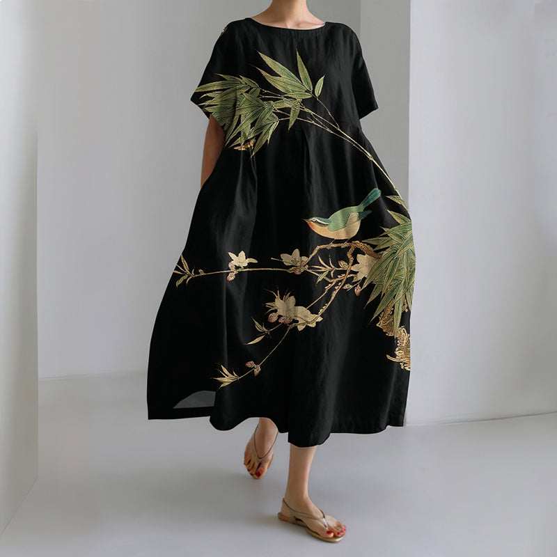 Comstylish Women's Japanese Art Floral And Bird Print Midi Dress