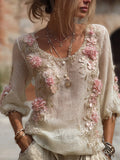 Women's Embroidered Three-dimensional Pink Flower Round Neck Long Sleeve elevenforest