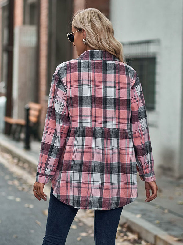 Loose Checkered Lapel Blouses&shirts Tops