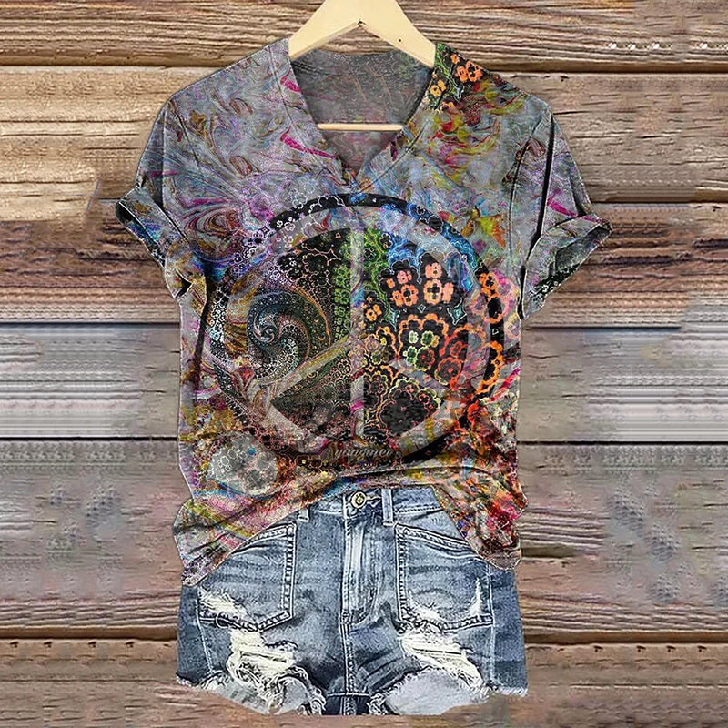 Comstylish Women's Hippy Art Print V-neck Casual T-shirt